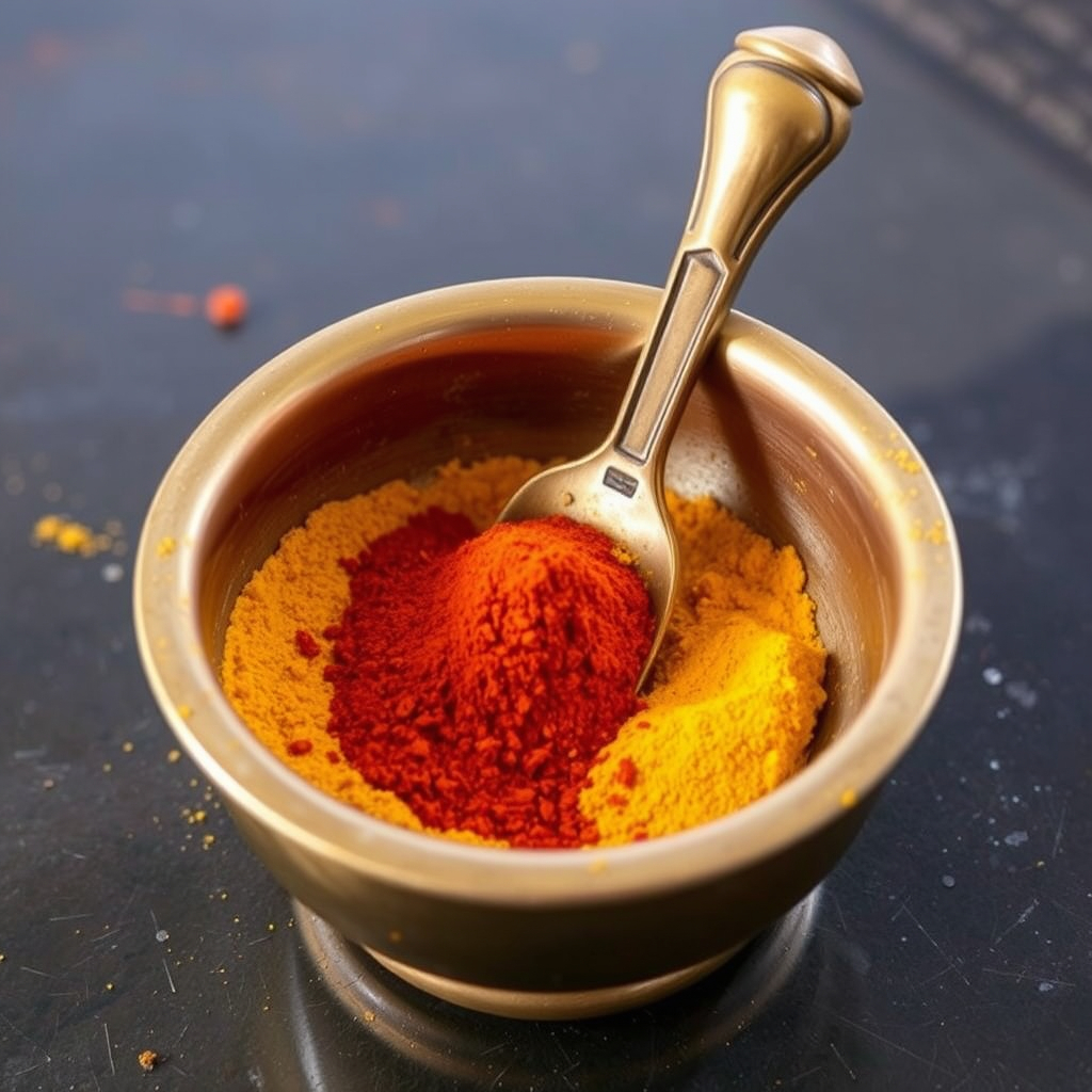 Chilli Powder And Turmeric Powder In Indian Traditional Brass Vessel